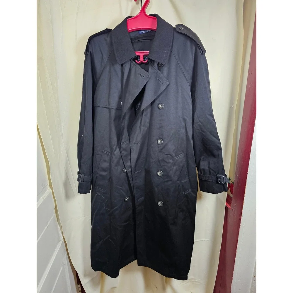 Chaps Mens Black Double Breasted Trench Coat Removable Liner 46L RN 117688